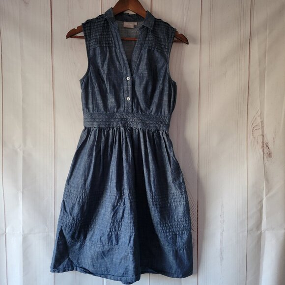 eShakti Cotton Denim V-Neck, Sleeveless Midi Dress w/Pockets, Sz XS, 100% Cotton - Picture 1 of 10
